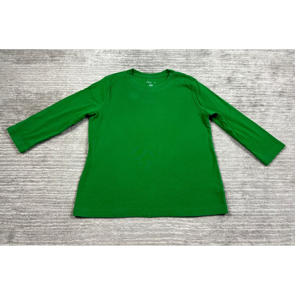 Kim Rogers T-Shirt Womens L Green 3/4 Sleeve Crew Neck Cotton Basic Tee